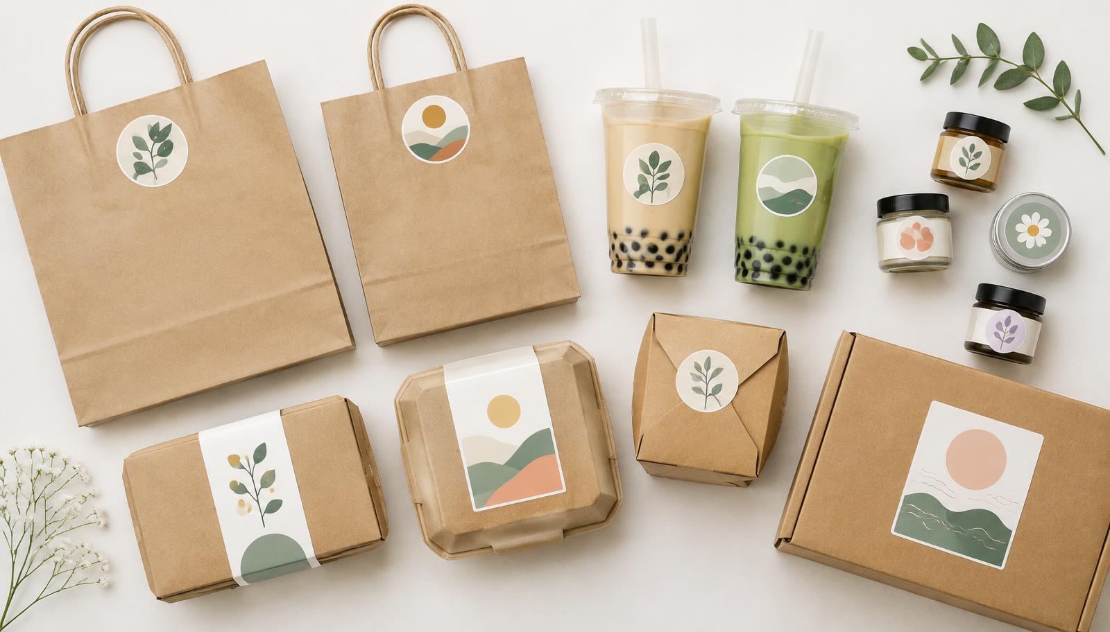 Sacs kraft, gobelets de bubble tea, boîtes à emporter, pots cosmétiques et colis décorés de stickers